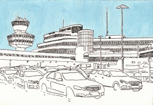 Flughafen Tegel, Acryl, Fineliner auf Papier, 16 x 23,5 cm, 2016 