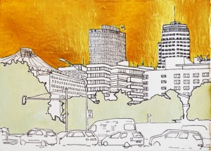 Potsdamer Platz III, 2016, Fineliner, Acryl auf Papier, 16 x 22 cm