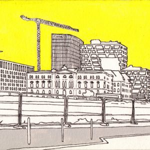 Zeichnung mit Blick vom Alexanderufer auf das Sozialgericht und neuere Gebäude