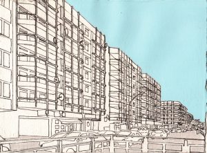 Zeichnung von Wohnblöcken in der Müllerstraße in Berlin