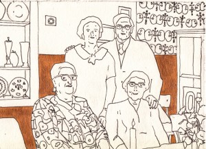 Familie aus der Serie "Spandau", Fineliner, Acryl auf Papier, 16 x 22 cm, 2015