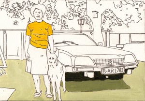 Frau, Auto, Hund aus der Serie "Spandau", Fineliner, Acryl auf Papier, 16 x 23 cm, 2015