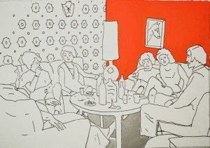Party aus der Serie "Spandau", 2015, Acryl, Fineliner auf Papier, 16 x 23 cm