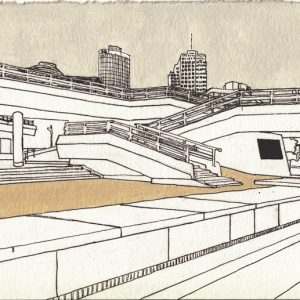 Zeichnung von der Treppe der Berliner Philharmonie, im Hintergrund sind Gebäude vom Potsdamer Platz zu sehen