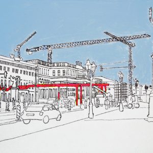 Zeichnung von einer Bausituation in der Straße Unter den Linden mit Kränen