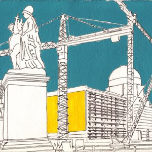Zeichnung vom Berliner Stadtschloss während der Bauarbeiten mit mehreren Kränen