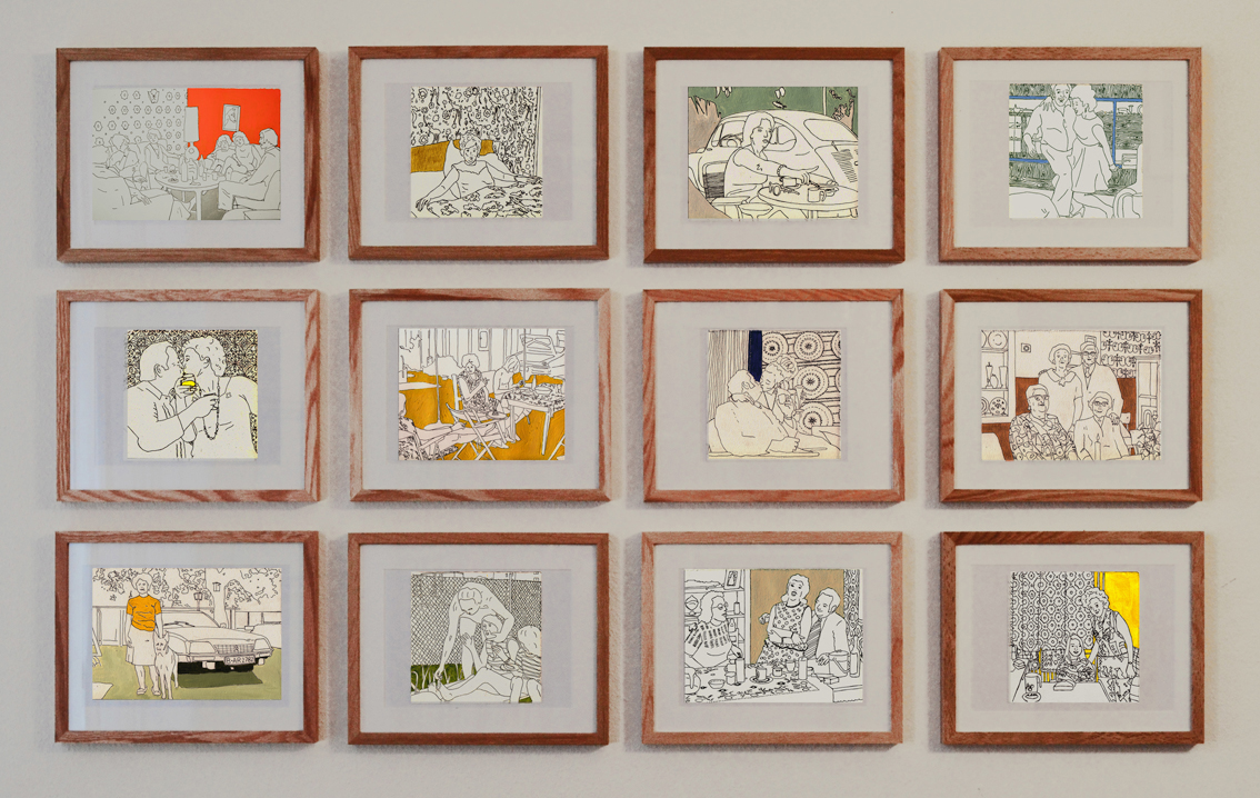 Blockhängung mit 12 Zeichnungen von Ulrike Bernhard aus der Serie Familienalbum