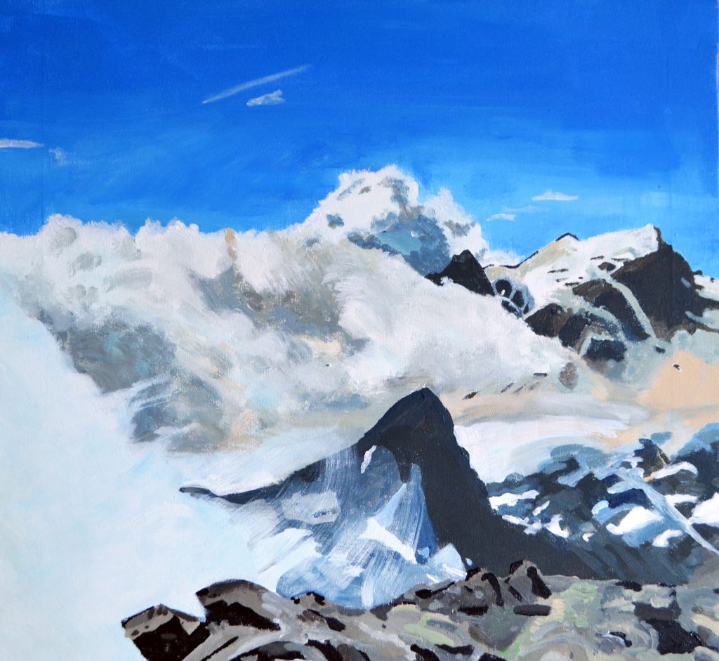 Malerei mit teils schneebedeckten Bergen, Felsen und Wolken
