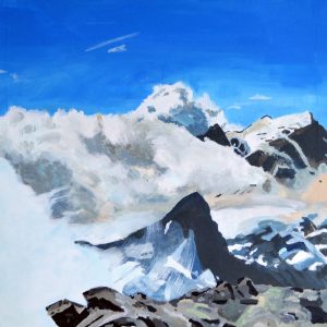Malerei mit teils schneebedeckten Bergen, Felsen und Wolken