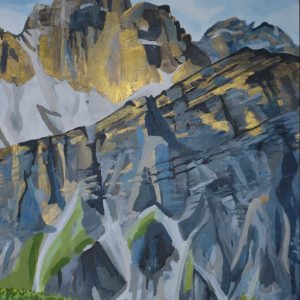 Bild eines Bergmassivs in Grau-, Blau-, Grün und Goldtönen: Eine Malerei von Ulrike Bernhard: Kalkkögel, 58 x 47 cm, Acryl auf Leinwand, 2025
