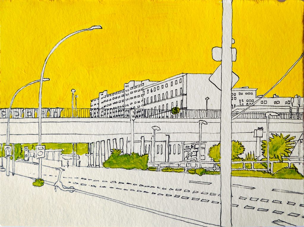Greifswalder Straße, 2025, Acryl, Fineliner auf Papier, 16 x 21,5 cm