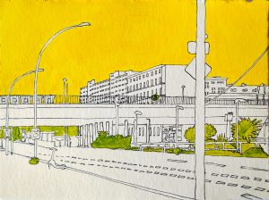 Greifswalder Straße, 2025, Acryl, Fineliner auf Papier, 16 x 21,5 cm