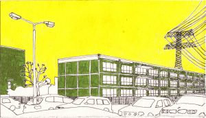 Neumannstraße II, 2014, Acryl, Fineleiner auf Papier, 12,5 x 21,5 cm
