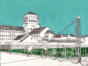 Pappelallee / Stahlheimer Str, 2014, Acryl, Fineleiner auf Papier, 16 x 21,5 cm