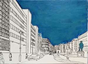 Mohrenstraße, 2017/2025, Acryl, Fineliner auf Papier, 16 x 22,5 cm